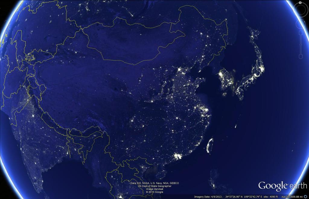 Nighttime lights satellite imagery of China. NOAA/NASA imagery.